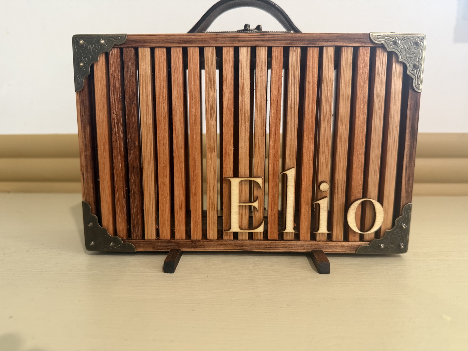 Personalised handcrafted timber keepsake box with decorative metal corners